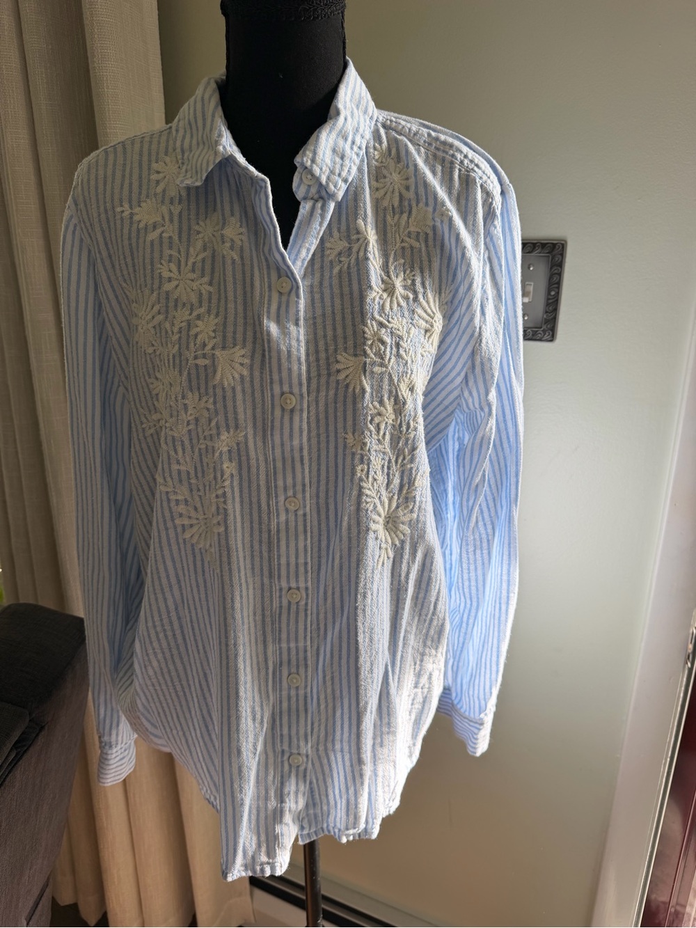 Style & Co. Blue and White Striped Embroidered Button-Down Shirt